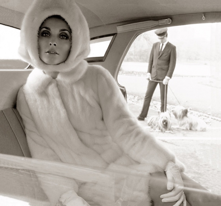 Neal Barr, Sharon Tate in Emeric Partos Mink Coat and Hood by Halston, Harper’s Bazaar, 1968
